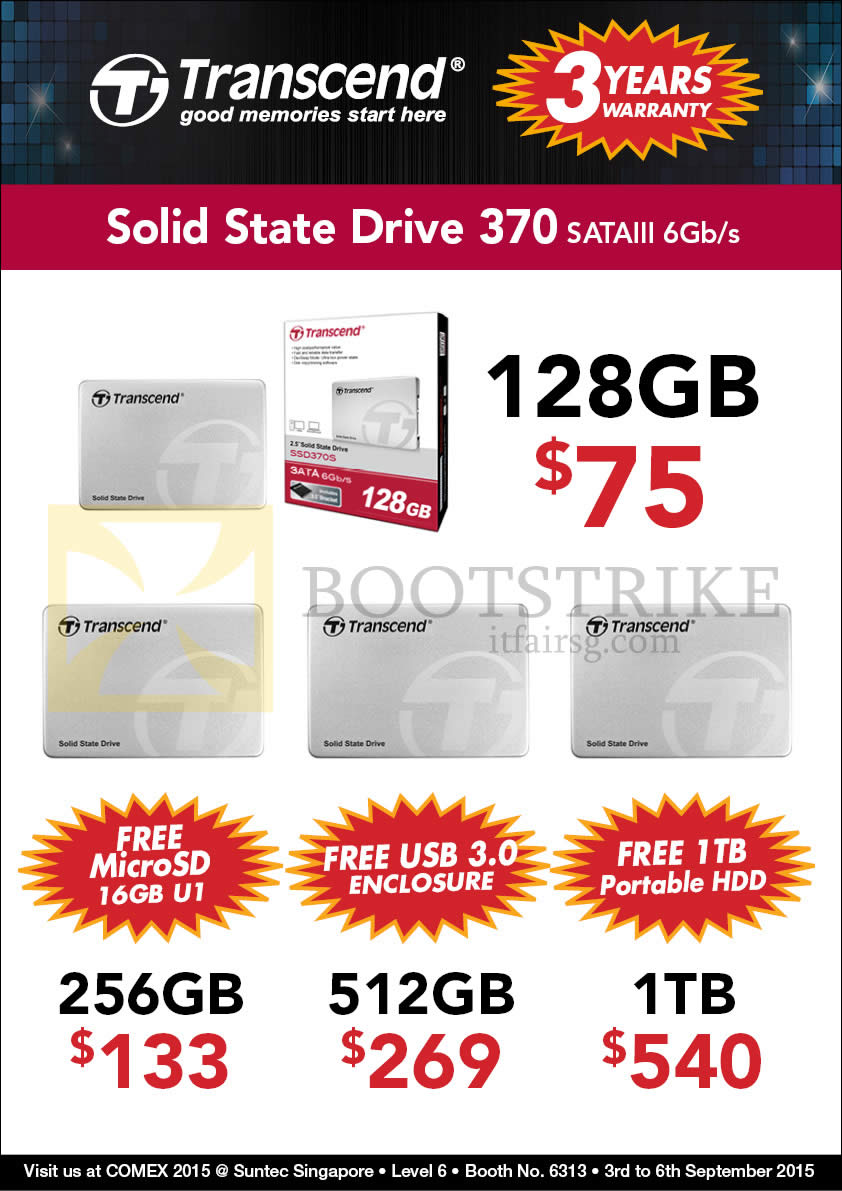 COMEX 2015 price list image brochure of Convergent Transcend SSG 370 SATA III 6GBs 12GB, 256GB, 512GB, 1TB