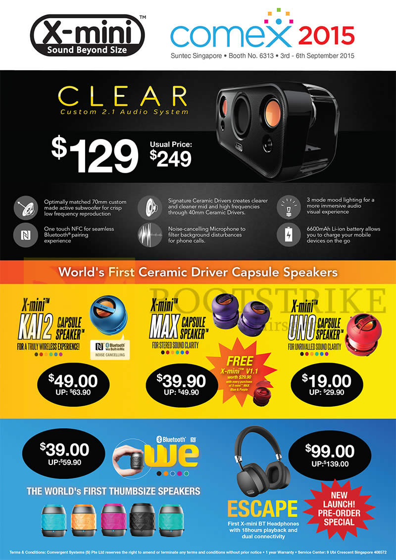 COMEX 2015 price list image brochure of Convergent X-Mini Capsule Speakers KAI 2, Max, UNO, We, Escape Headphone