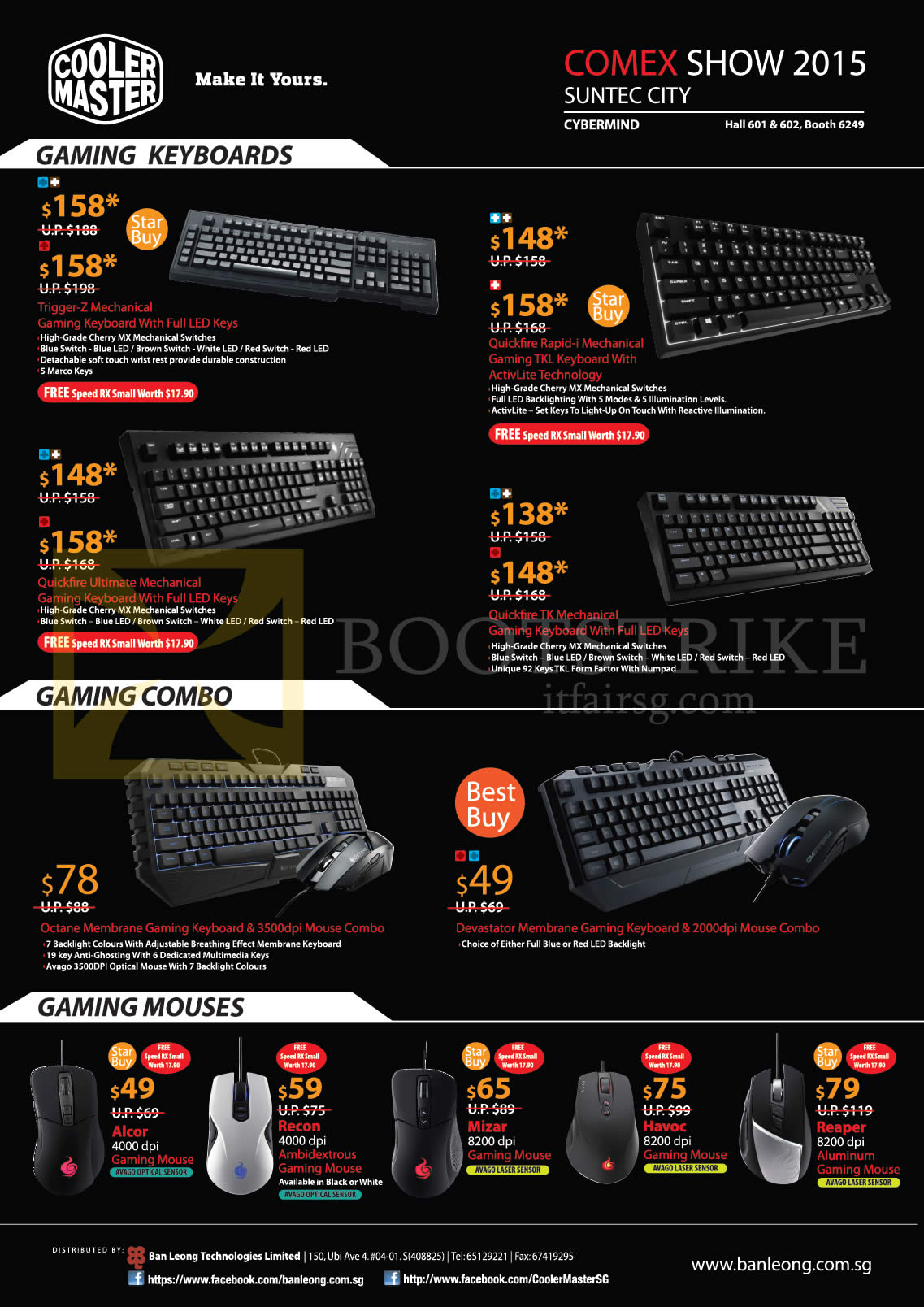 COMEX 2015 price list image brochure of Cooler Master Keyboards, Gaming Combo, Mouses, Tricker Z, Quickfire, Octane Membrane, Alcor, Recon, Mizar, Havoc, Reaper