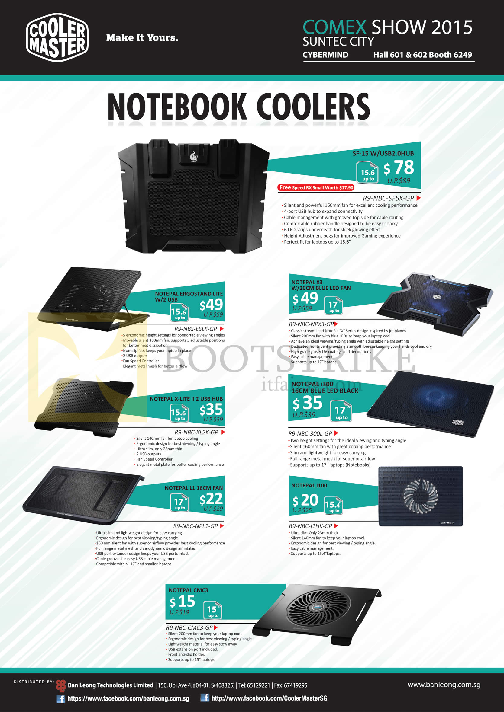 COMEX 2015 price list image brochure of Cooler Master Notebook Coolers SF-15 WUSB2.0HUB, Notepal Ergostand Lite, X3, X-Lite, I300, L1, L100, CMC3
