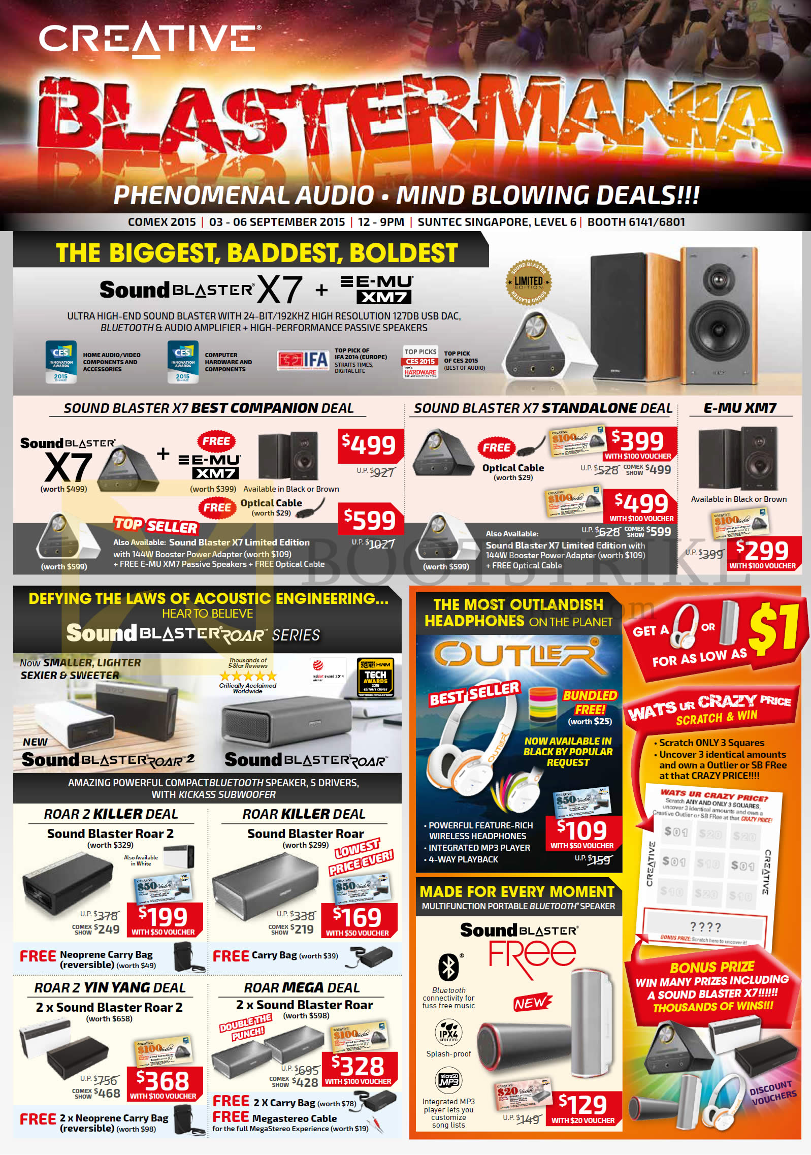 COMEX 2015 price list image brochure of Creative Speakers SoundBlaster Series X7, Roar, Roar 2, Yin Yang, Mega