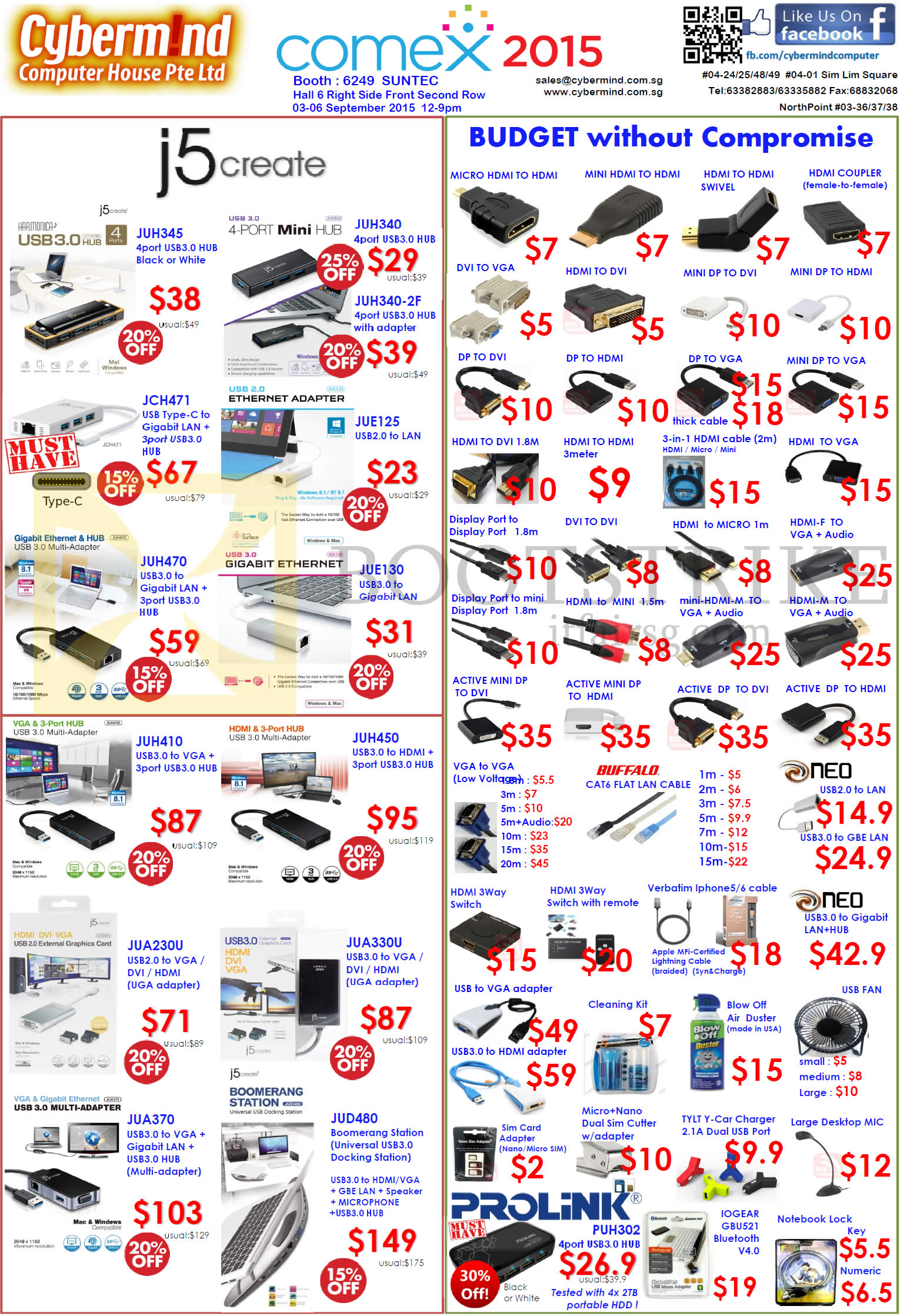 COMEX 2015 price list image brochure of Cybermind Accessories, USB Hubs, HDMI, DisplayPort, DVI, Cables, Cleaning Kit, USB Fan, VGA, Boomerang Station, LAN Cable