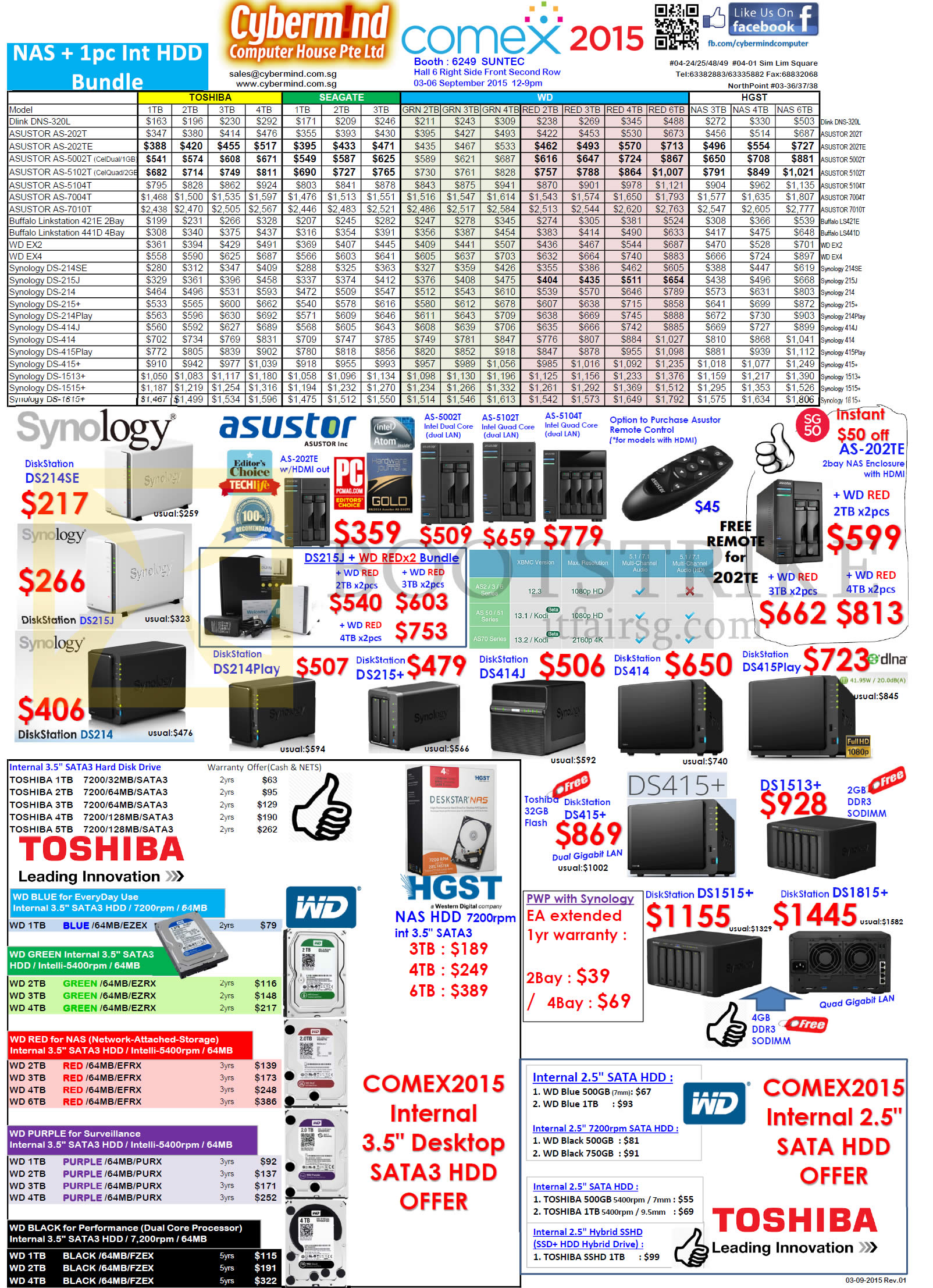 COMEX 2015 price list image brochure of Cybermind NAS, Synology Diskstations, Toshiba Internal HDDs WD Green, Blue, Red, Purple, HGST, Asustor