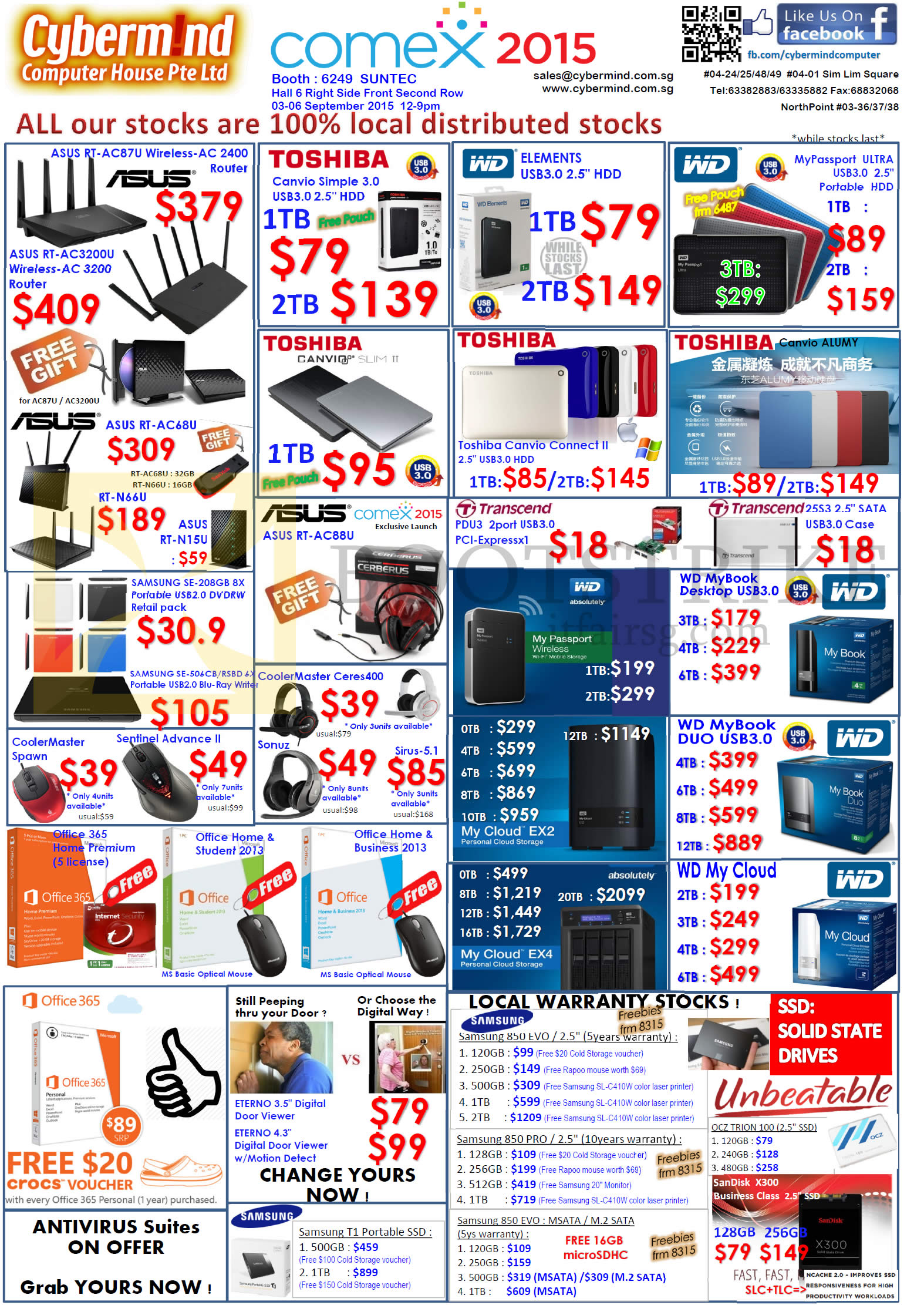COMEX 2015 price list image brochure of Cybermind Networking Routers, External Storage Drives, SSD, Headphones, Mouse, Ffice 365, Office Home, Samsung 850 Pro Evo, WD Western Digital Elements Passport, Toshiba Canvio