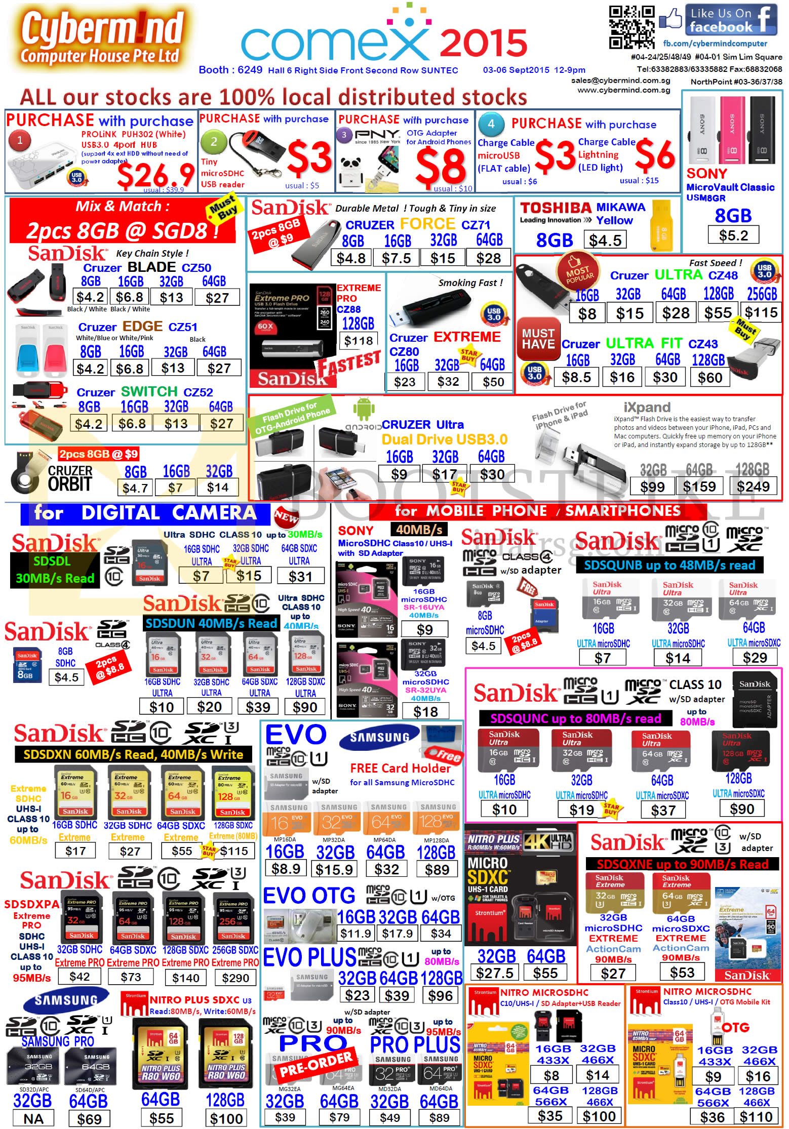 COMEX 2015 price list image brochure of Cybermind USB Flash Drives, Memory SD Cards, MicroSD, Sandisk, Toshiba, Sony, Evo, Nitro, Cruzer, EVO OTG, EVO Plus