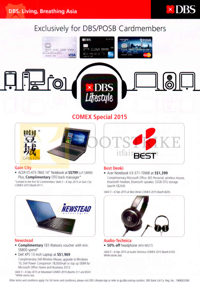 COMEX 2015 price list image brochure of DBS Gain City, Best Denki, Newstead, Audio-Technica