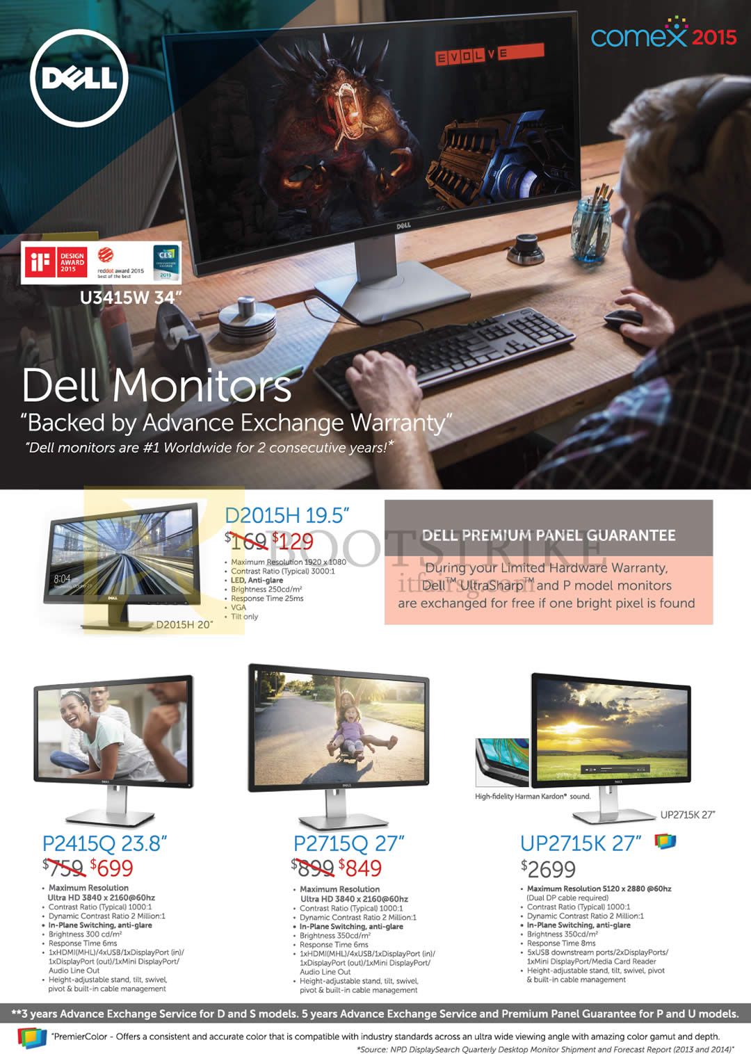 COMEX 2015 price list image brochure of Dell Monitors LED IPS D2015H, P2415Q, P2715Q, UP2715K