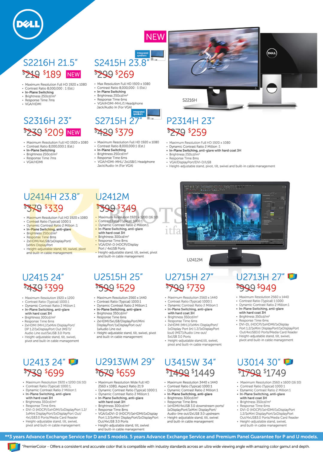 COMEX 2015 price list image brochure of Dell Monitors S2216H, S2415H, S2316H, S2715H, P2314H, U2414H, U2412M, U2415, U2515H, U2715H, U2713H, U2413, U2913WM, U3415W, U3014