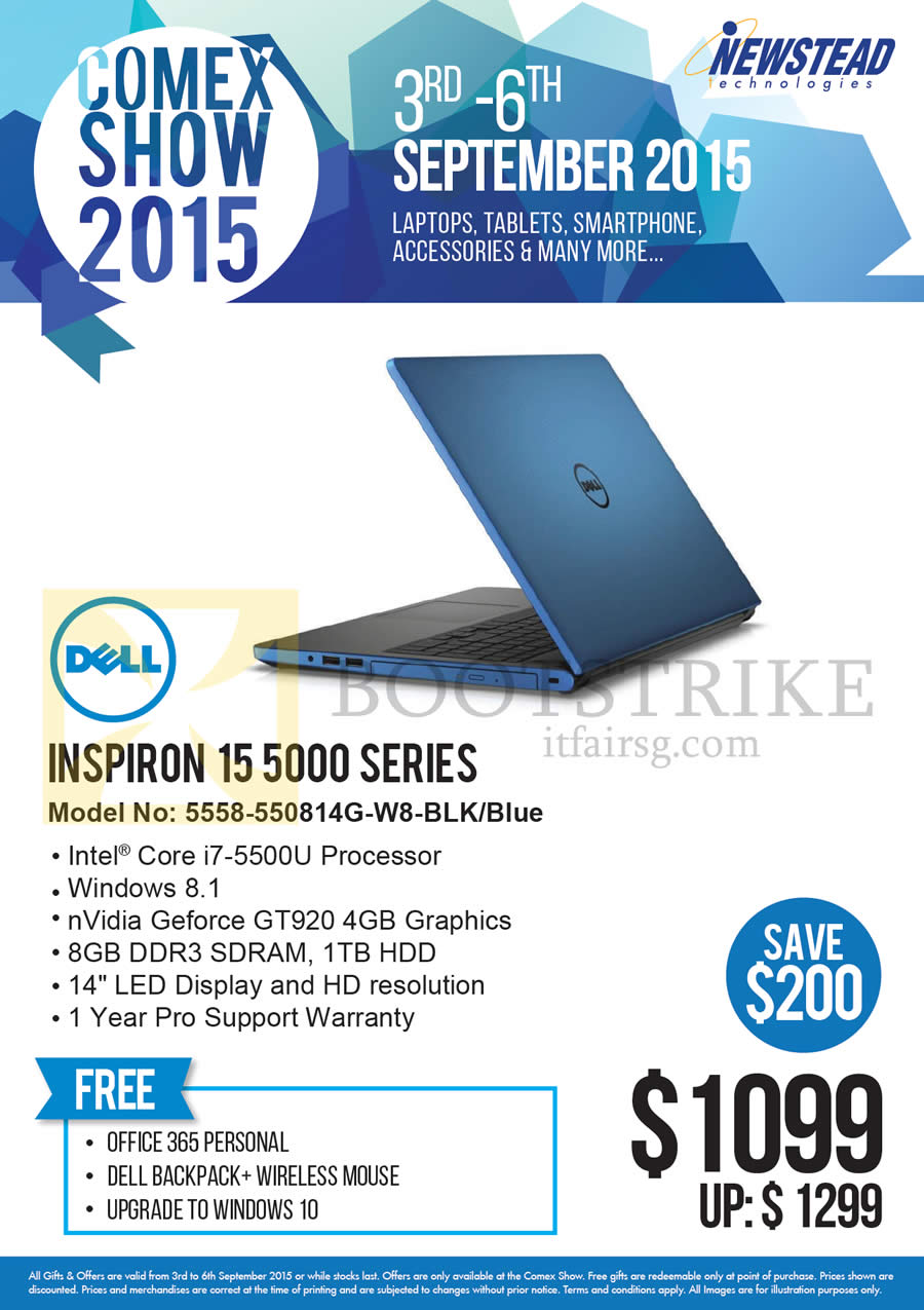 COMEX 2015 price list image brochure of Dell Newstead Inspiron 15 5000 Series 5558-550814G-W8-BLK Blue