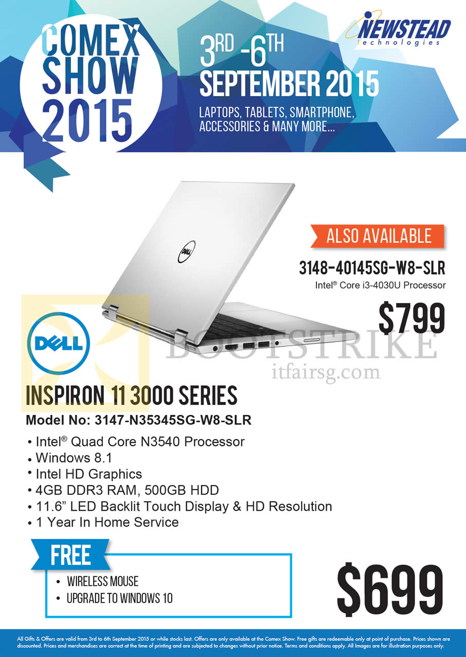 COMEX 2015 price list image brochure of Dell Newstead Notebook Inspiron 11 3000 Series 3147-N35345SG-W8-SLR