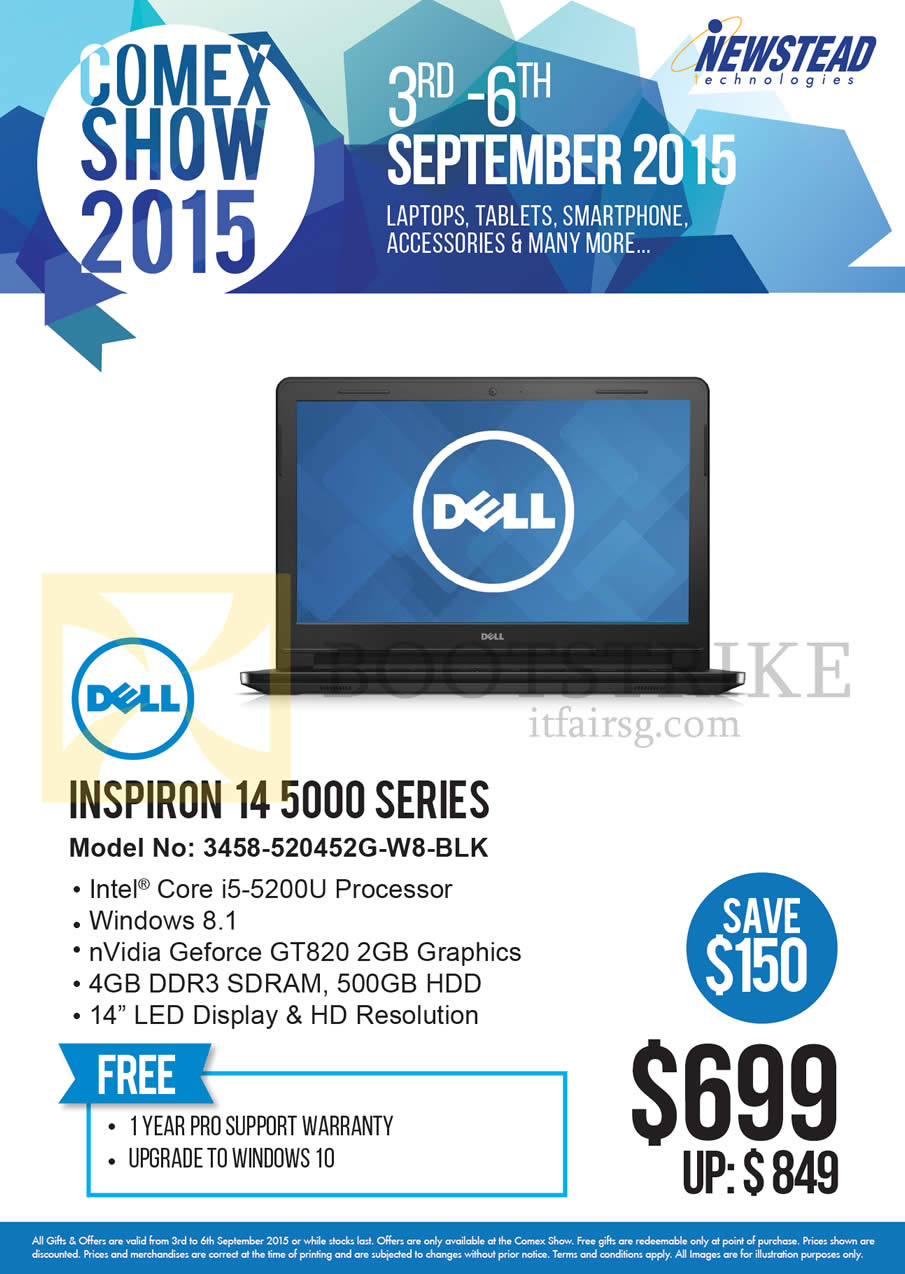 COMEX 2015 price list image brochure of Dell Newstead Notebook Inspiron 14 5000 Series 3458-520452G-W8-BLK