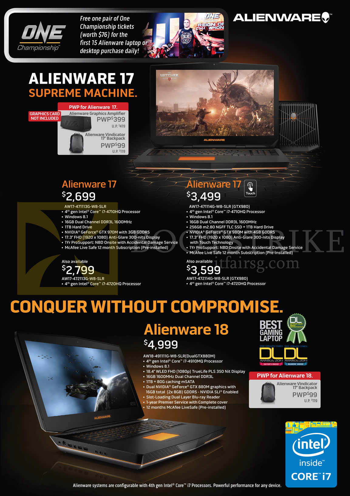 COMEX 2015 price list image brochure of Dell Notebooks Alienware AW17-471113G-W8-SLR, AW17-471114G-W8-SLR GTX980, AW18-491111G-W8-SLR DualGTX880M