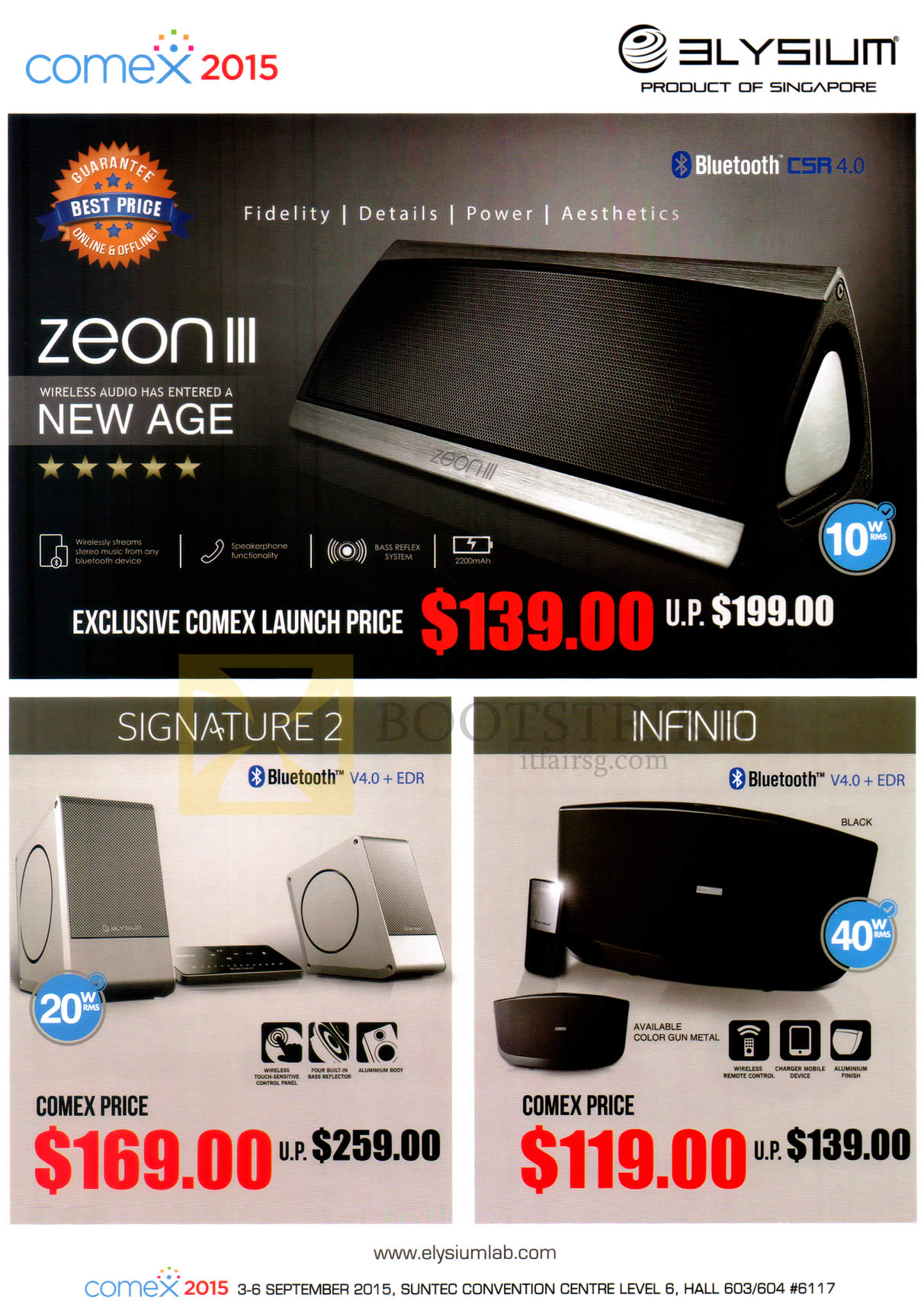 COMEX 2015 price list image brochure of Elysium Lab Speakers Zeon III, Signature 2, Infiniio