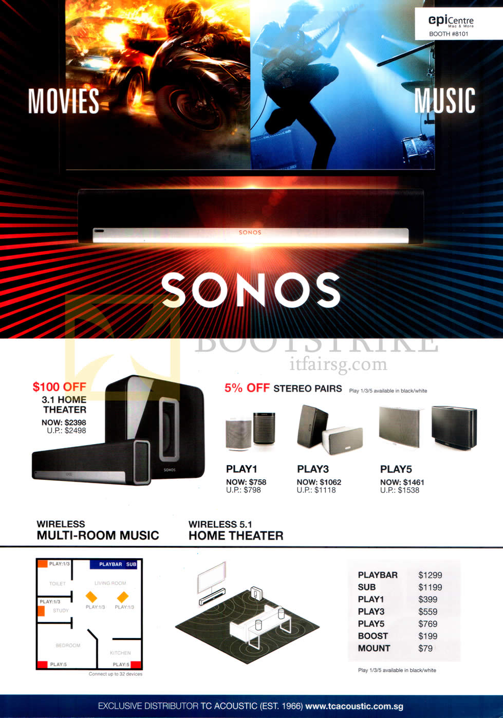 COMEX 2015 price list image brochure of EpiCentre Home Theatre Systems 3.1, Play 3, Wireless Multi-Room Music, Wireless 5.1 Home Theatre