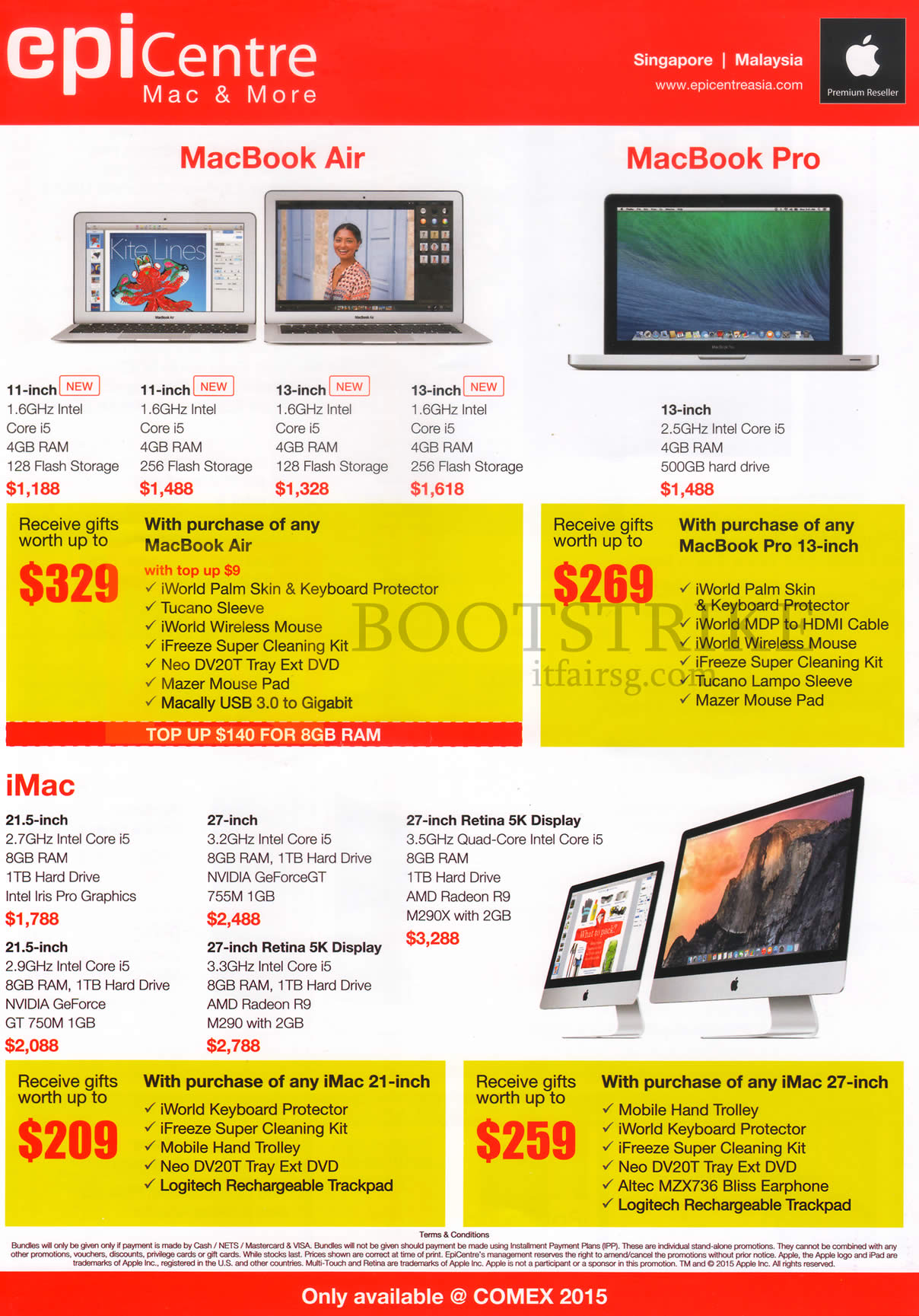 COMEX 2015 price list image brochure of Epicentre Apple Notebooks, Desktop PCs MacBook Air 11-inch, 13-inch, MacBook Pro 13-inch, IMac 21.5-inch, 27-inch, 27-inch Retina 5K Display