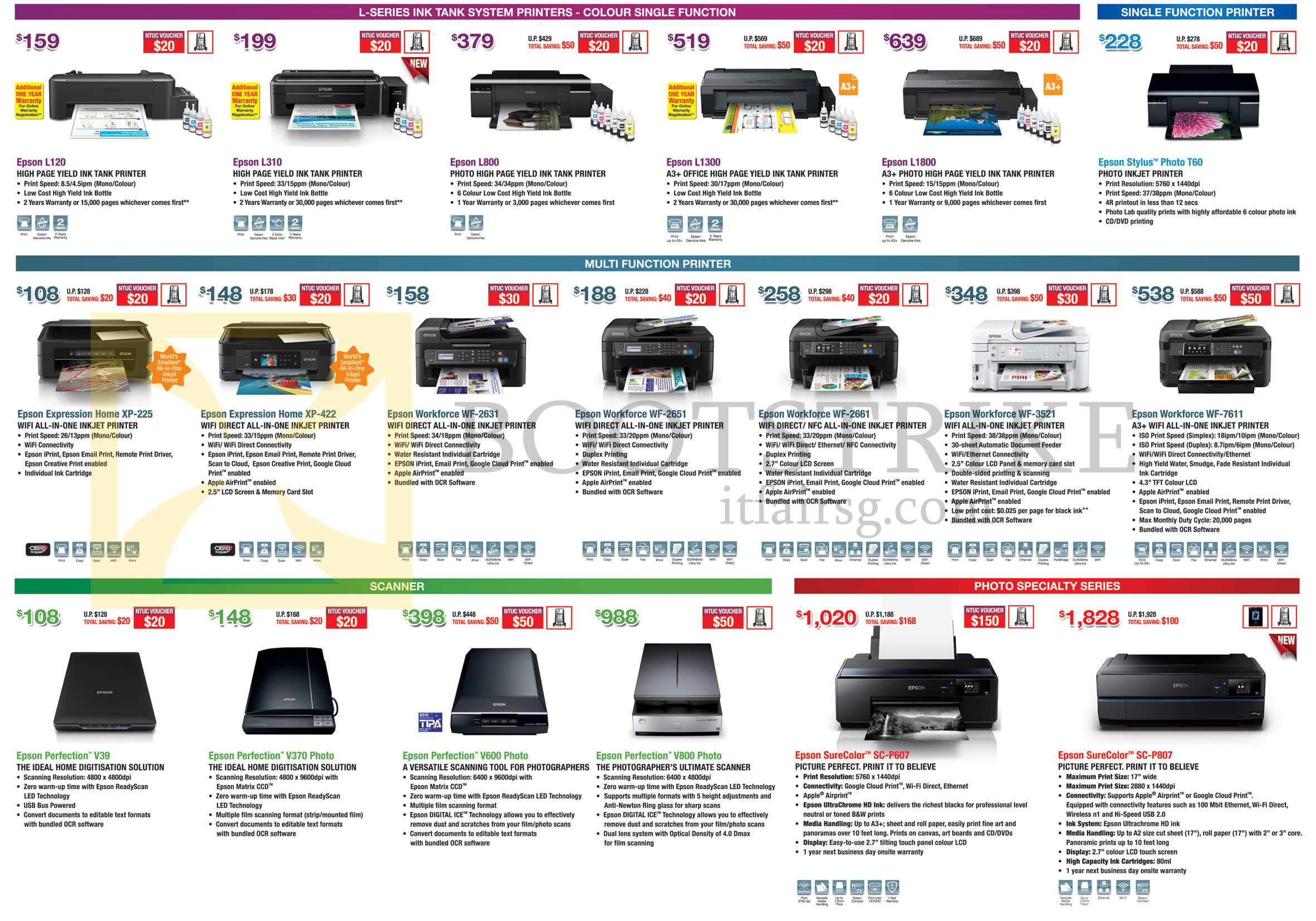COMEX 2015 price list image brochure of Epson Printers, Scanners, Photo Printers, L120, L310, L800, L1300, L1800, T60, XP-225, XP-422, WF-2651, WF-2631, WF-2661, WF-3521, V600 Photo, V800 Photo