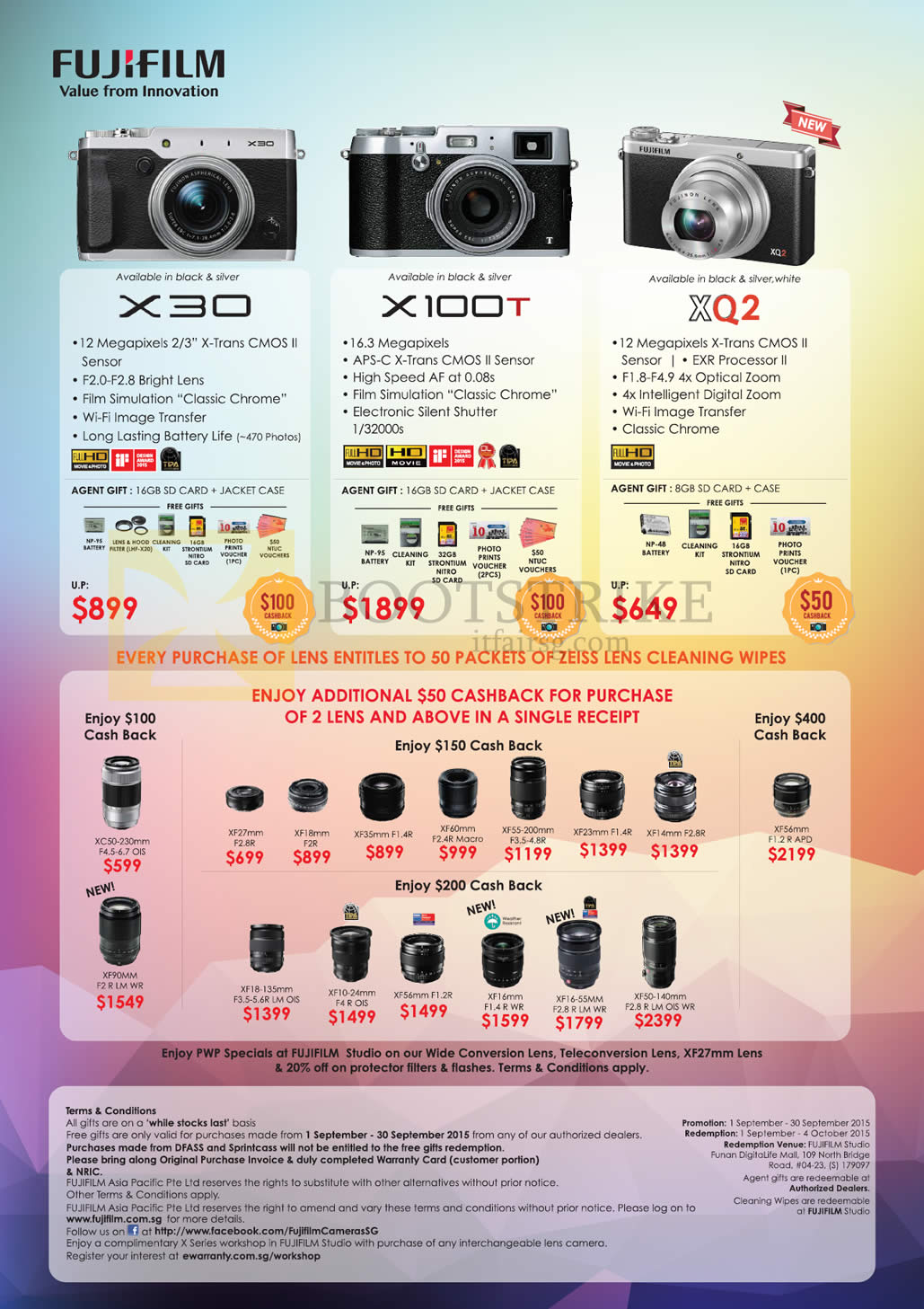 COMEX 2015 price list image brochure of Fujifilm Digital Cameras X30, X100T, XQ2