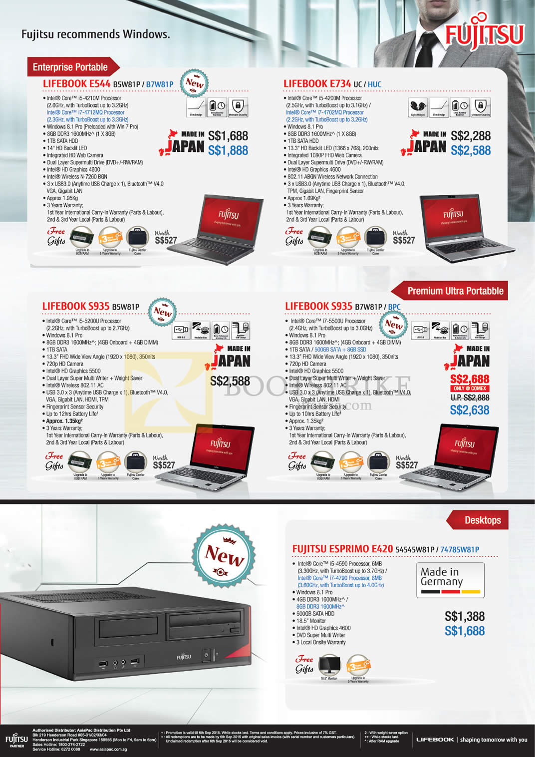 COMEX 2015 price list image brochure of Fujitsu Notebooks Desktop PC, Lifebook E544 B5W81P, B7W81P, E734 UC HUC, S935 B5W81P, S935 B7W81P BPC, ESPRIMO E420 54545W81P 74785W81P