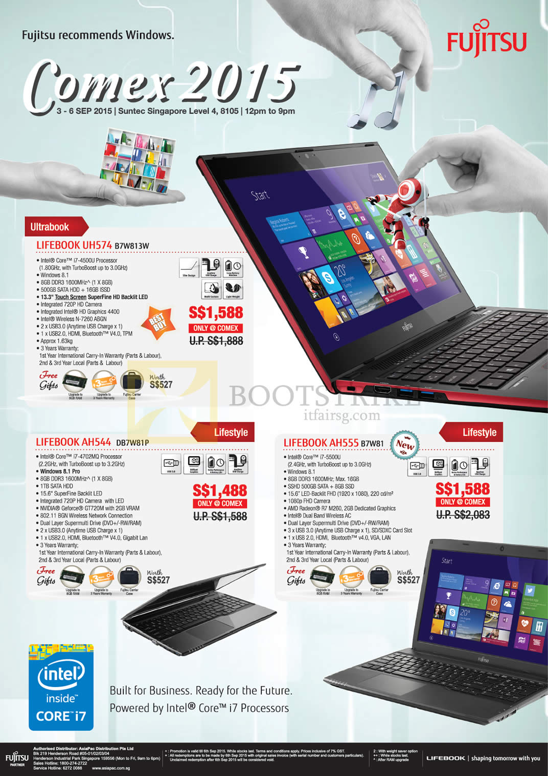 COMEX 2015 price list image brochure of Fujitsu Notebooks UH574 B7W813W, AH544 DB7W81P, AH555 B7W81