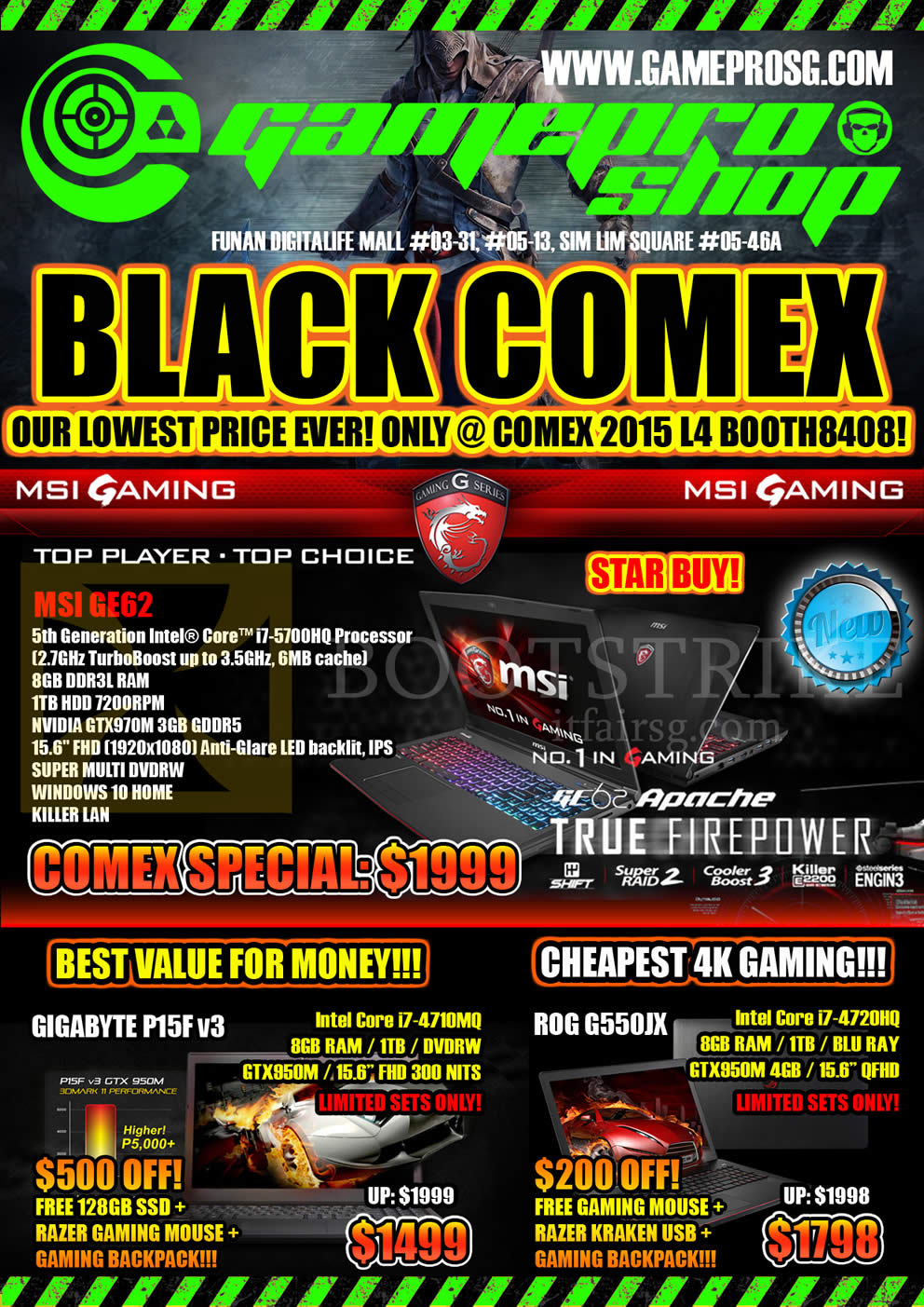 COMEX 2015 price list image brochure of Gamepro Notebooks MSI GE62 Apache, Gigabyte P15F V3, ROG G550JX