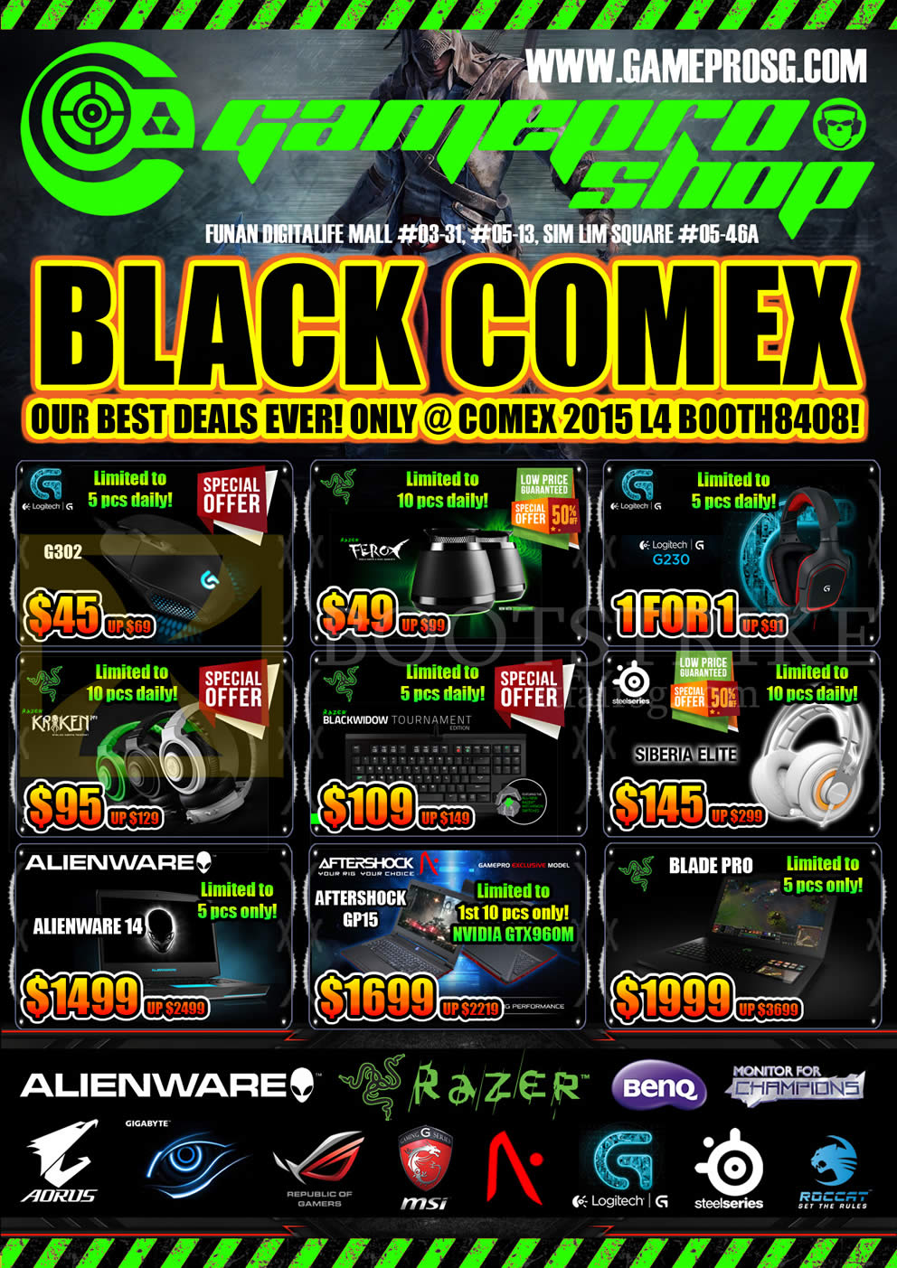 COMEX 2015 price list image brochure of Gamepro Notebooks, Keyboard, Headphones, Speaker, G302, G230, Siberia Elite, Alienware 14, Aftershock GP15, Blade Pro