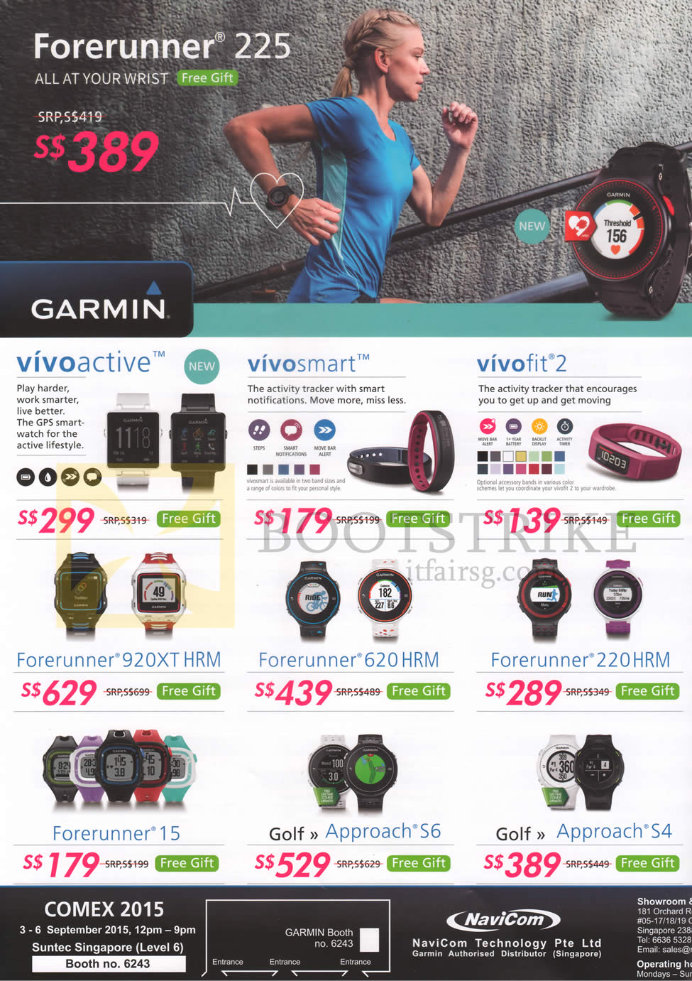 COMEX 2015 price list image brochure of Garmin GPS Fitness Watches Forerunner 225, 920XT HRM, 620 HRM, 220 HRM, 15, Vivo Active, Vivosmart, Fit 2, Golf Approach S6,S4