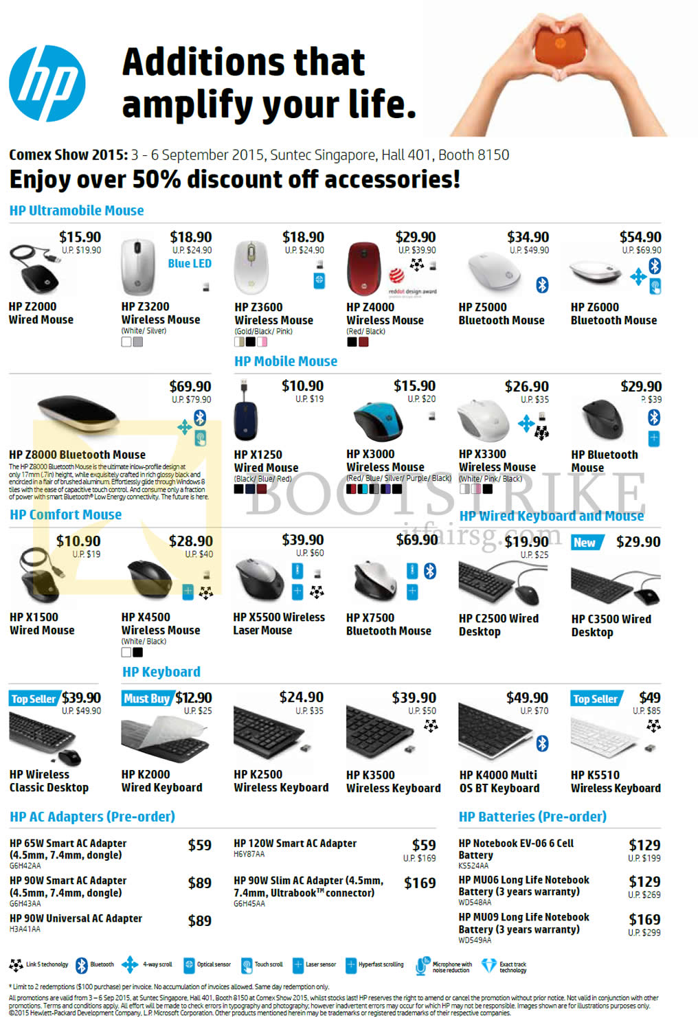 COMEX 2015 price list image brochure of HP Accessories Mouse, Keyboards, Z2000, Z3200, Z3600, Z4000, Z5000, Z6000, Z8000, X1250, X3000, X3300, X1500, X4500, X5500, X7500, C2500, C3500, Wireless Classic, K2000, K2500