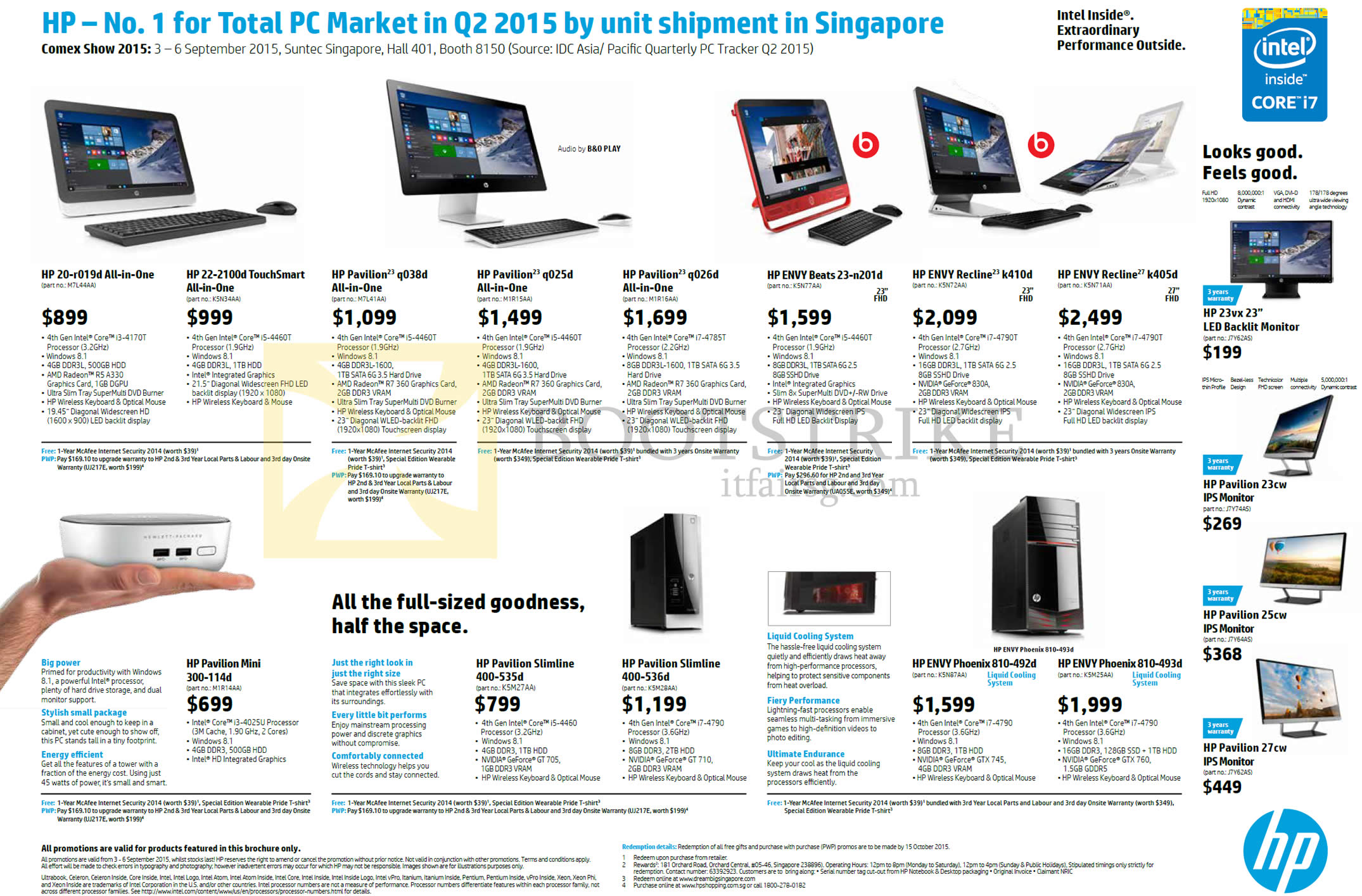 COMEX 2015 price list image brochure of HP Desktop PCs AIO Monitors, 20-r019d, 22-2100d TouchSmart, Pavilion 23-q038d, 300-114d, 23-q025d, 23-q026d, Slimline 400-535d 536d, Envy 23-n021d, Recline 23-k410d, 27-k405d, 23vx