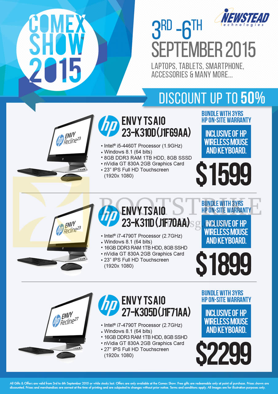 COMEX 2015 price list image brochure of HP Newstead AIO Desktop PCs Envy TS 23-K310D, 23-K311D J1F70AA, 27-K305D J1F71AA
