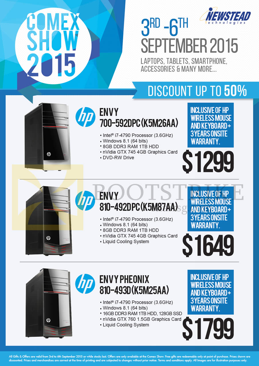 COMEX 2015 price list image brochure of HP Newstead Desktop PCs Envy 700-592DPC K5M26AA, Envy 810-492DPC K5M87AA, Pheonix 810-493D K5M25AA