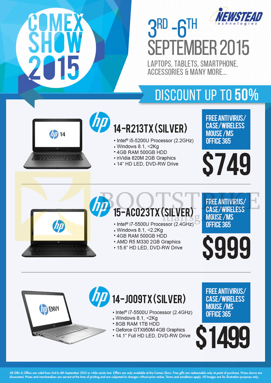 COMEX 2015 price list image brochure of HP Newstead Notebooks 14-R213TX, 15-AC023TX, 14-J009TX