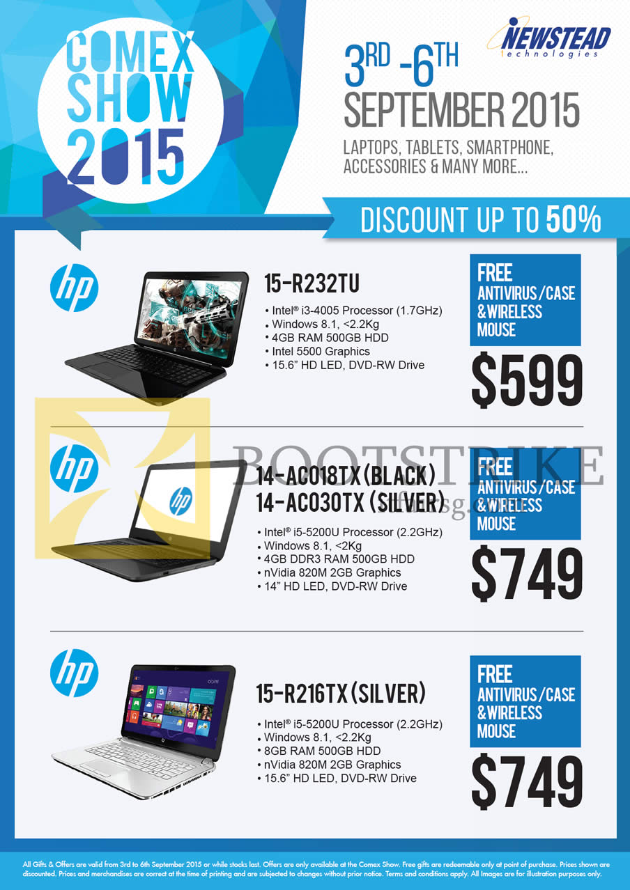 COMEX 2015 price list image brochure of HP Newstead Notebooks 15-R232TU, 14-AC018TX ACO30TX, 15-R216TX