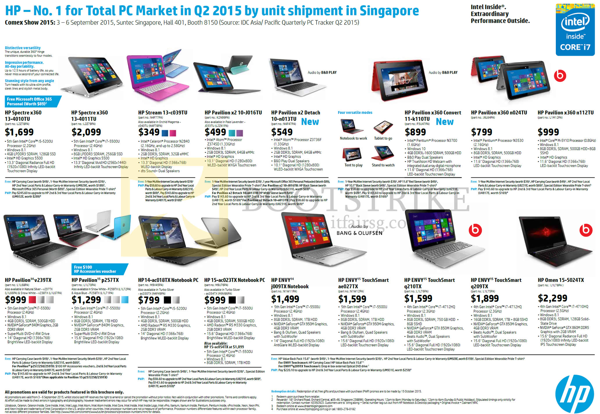 COMEX 2015 price list image brochure of HP Notebooks Spectre X360 13-4010TU 4011TU, Stream 13-c039TU, Pavilion X2 10-J016TU, X2 Detach 10-n013TU V239TX P257TX, X360 Convert N024TU N112TU, TouchSmart Ae027TX