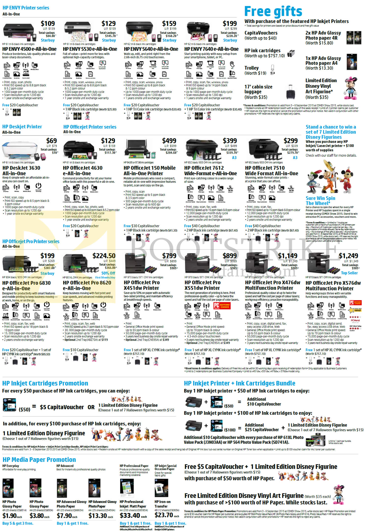 COMEX 2015 price list image brochure of HP Printers Envy 4500, 5530, 5640, 7640, Deskjet 3630, OfficeJet 4630, 150 Mobile, 7612, 7510, Pro 6830 8620 X451dw X476dw X576dw, Free Gifts, Inkjet Cartridges, Media Paper