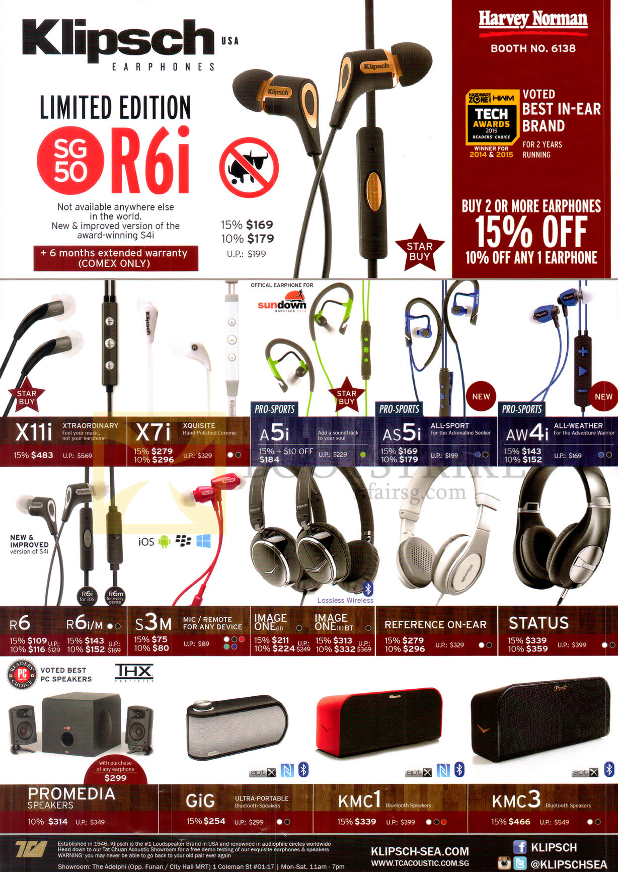 COMEX 2015 price list image brochure of Harvey Norman Klipsch Earphones, Headphones, Speakers, R6i, X11i, X7i, A5i, AS5i, AW4i, R6, R6IM, S3M, Image One, Reference ON Ear, Status, Promedia, Gig, KMC1, KMC3