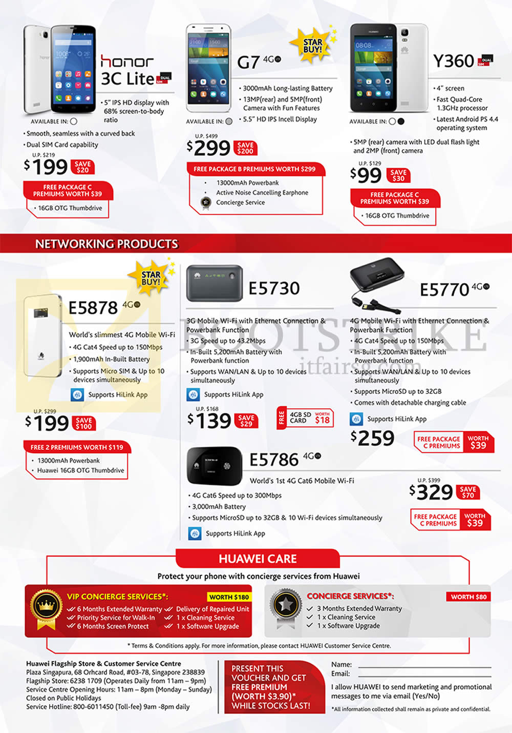 COMEX 2015 price list image brochure of Huawei Mobile Phones, Networking Products, Mobile Wi-fi, Huawei Care, Honor 3C Lite, G7, Y360, E5878, E5730, E5770, E5786