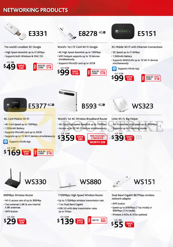 COMEX 2015 price list image brochure of Huawei Networking 3G 4G Dongles E3331, E8278, E5151, E5377, B593, WS323, WS330, WS880, WS151