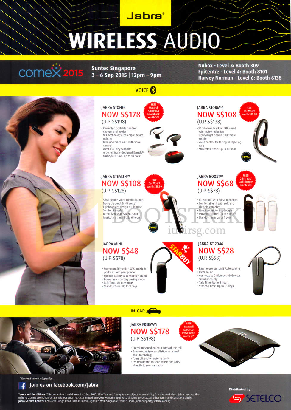 COMEX 2015 price list image brochure of Jabra Bluetooth Headsets Jabra Stone 3, Storm, Stealth, Boost, Mini, BT 2046, Freeway