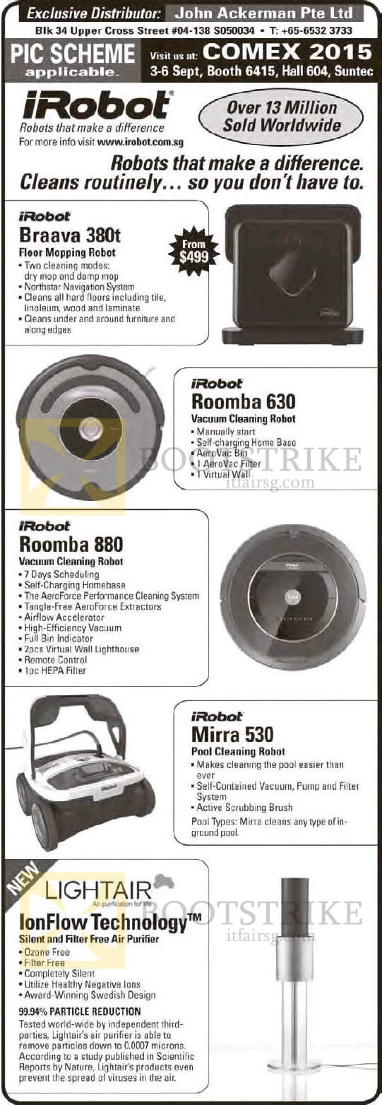 COMEX 2015 price list image brochure of John Ackerman IRobot Vacuum Cleaners, Braava 380T, Roomba 630, Roomba 880, Mirra 530, LightAir IonFlow Technology