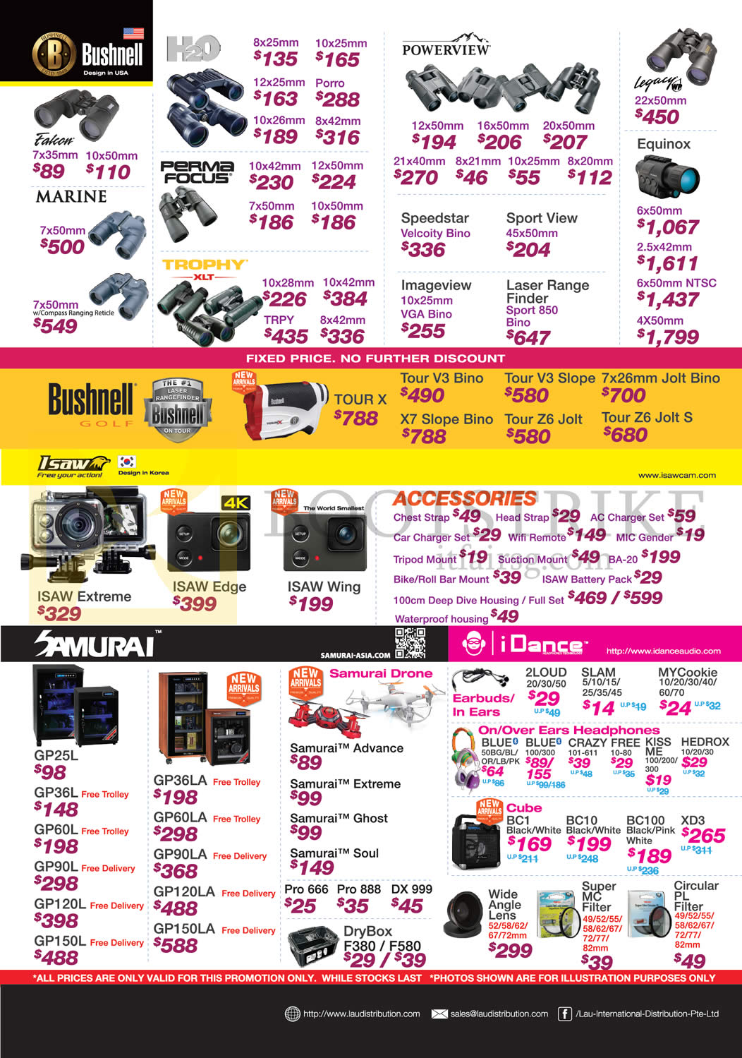 COMEX 2015 price list image brochure of Lau Intl Binoculars, Digital Cameras, Accessories, Bushnell, Samurai, IDance