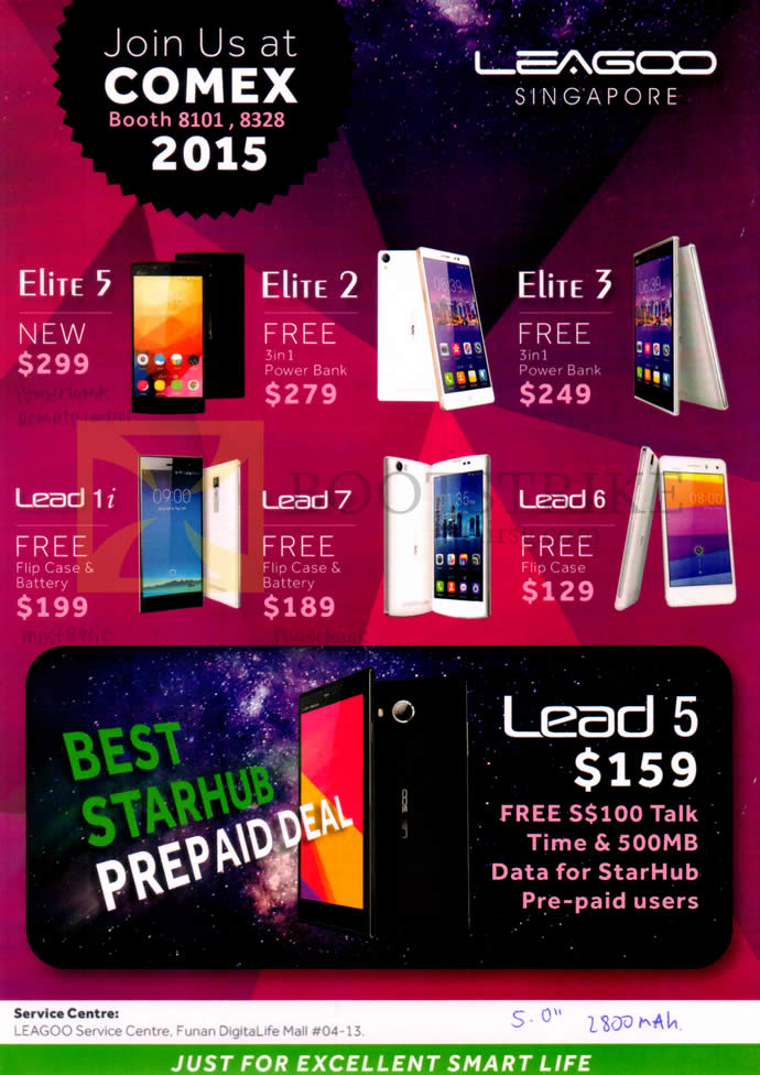 COMEX 2015 price list image brochure of Leagoo Mobile Phones Elite 5, Elite 2, Elite 3, Lead 1i, Lead 7, Lead 6, Starhub Lead 5