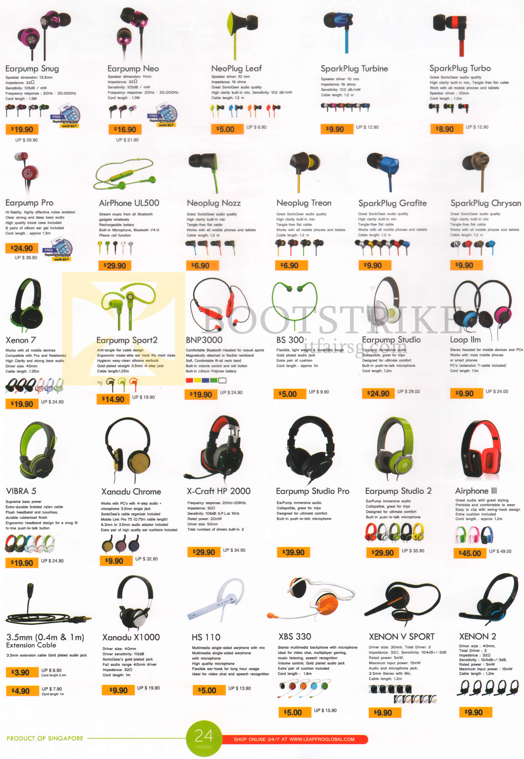 COMEX 2015 price list image brochure of Leapfrog Earphones Headsets Earpump Snug, Neo, Sport 2, Pro, Studio, Studio Pro, NeoPlug Leaf, Nozz, Treon, SparkPlug Turbine, Turbo