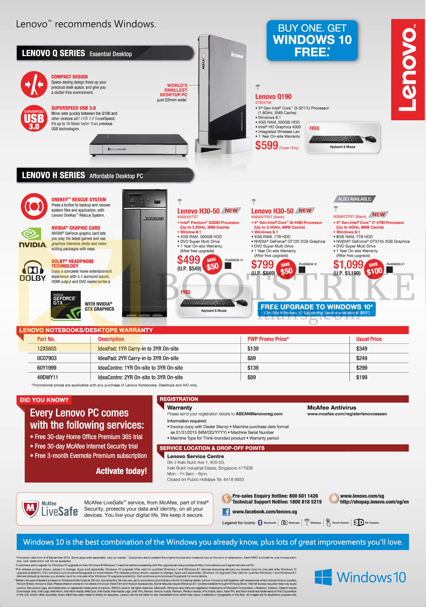 COMEX 2015 price list image brochure of Lenovo Desktop PC Features Q190, H30-50 Features, Notebooks, Desktops Warranty