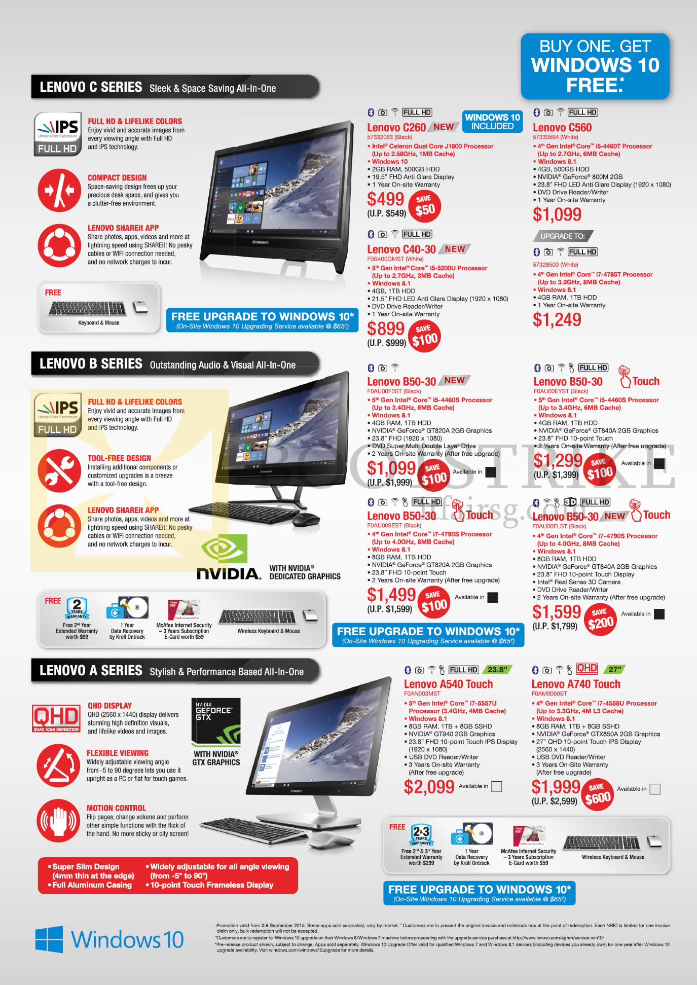 COMEX 2015 price list image brochure of Lenovo Desktop PCs C260 57332063, C560 57330594, C40-30 F0B400GMST, 57328500, B50-30 F0AU00F0ST, F0AU00EYST, A540 Touch F0A003MST, A740 Touch F0AM0060ST