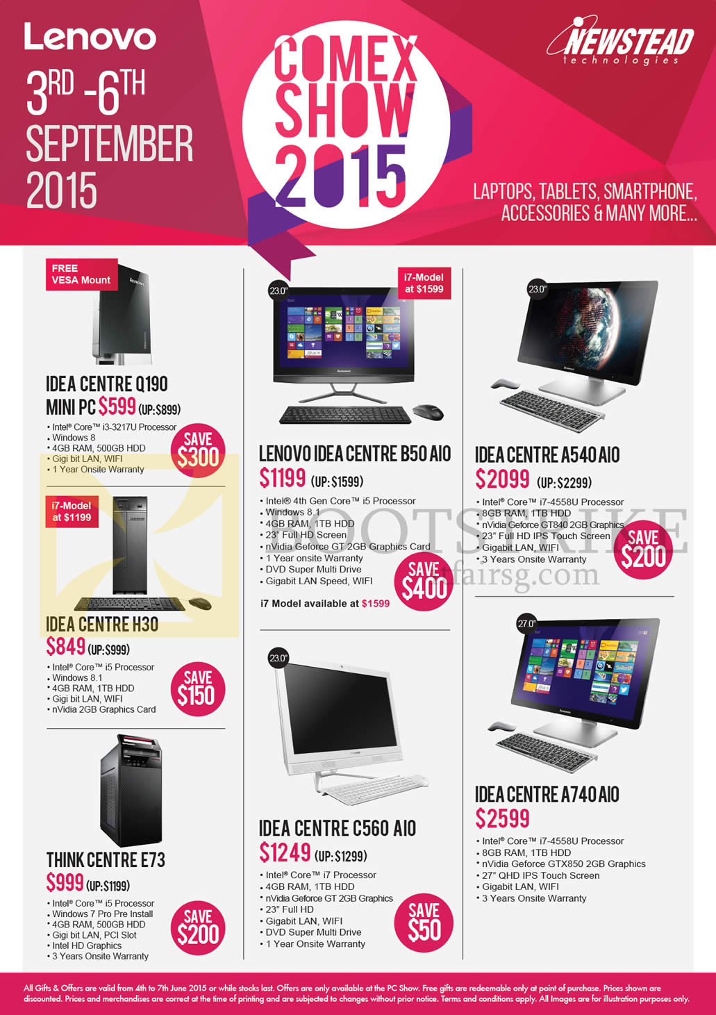 COMEX 2015 price list image brochure of Lenovo Newstead Desktop PCs IdeaCentre Q190 Mini PC, B50 AIO, H30, A540, A740, C560, ThinkCentre E73