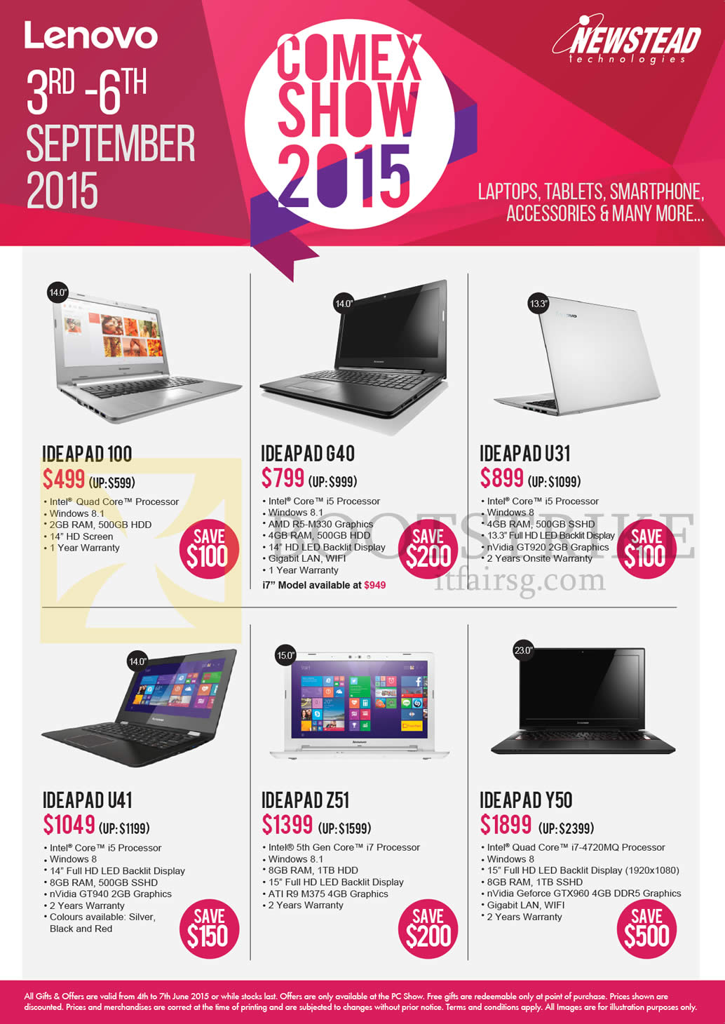 COMEX 2015 price list image brochure of Lenovo Newstead Notebooks Ideapad 100, G40, U31, U41, Z51, Y50