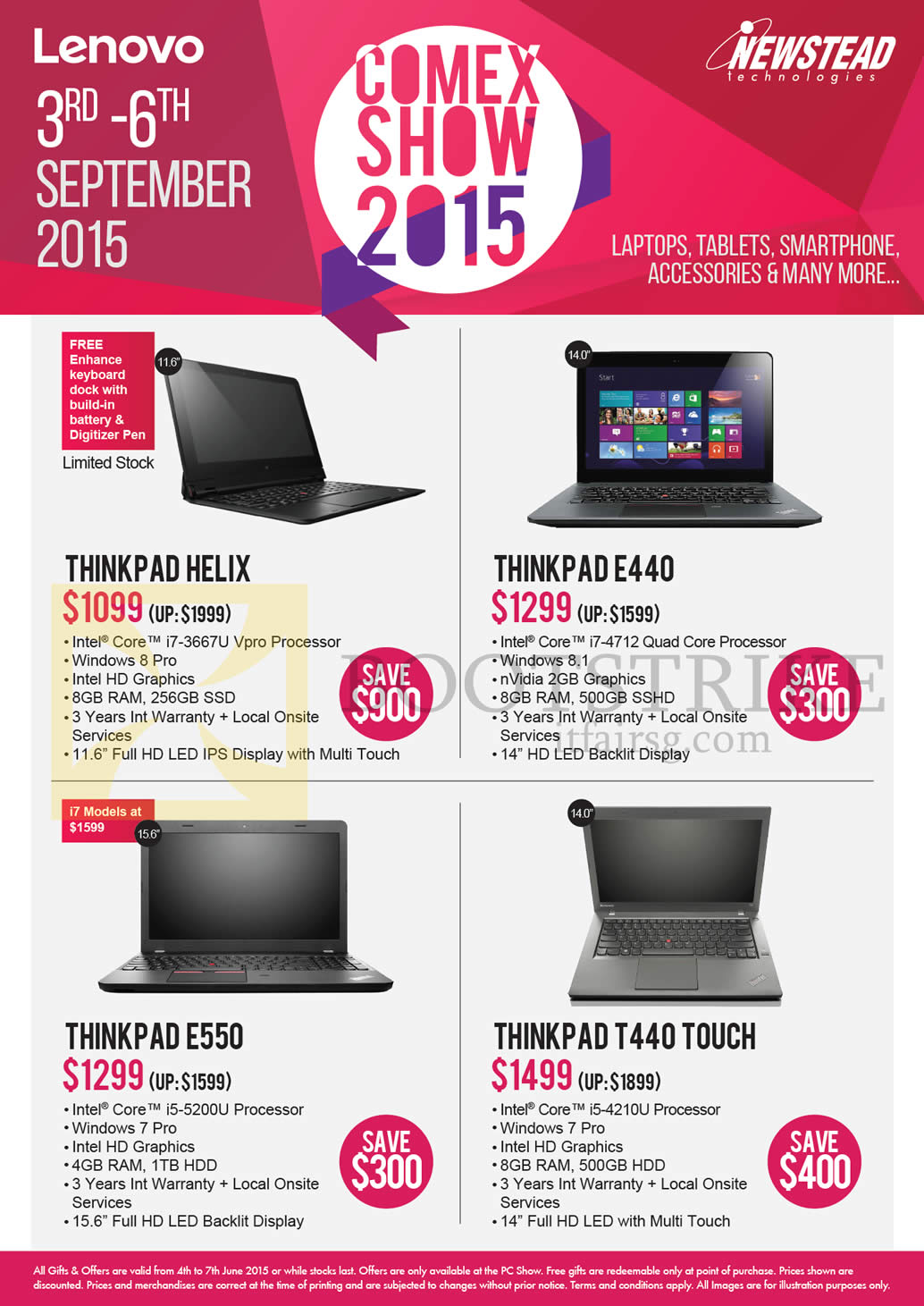 COMEX 2015 price list image brochure of Lenovo Newstead Notebooks Thinkpad Helix, E440, E550, T440 Touch
