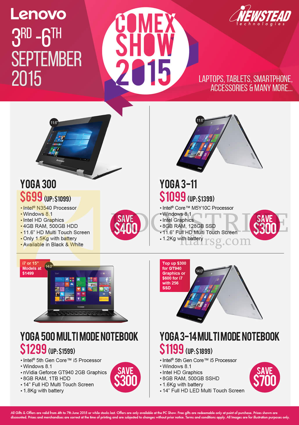 COMEX 2015 price list image brochure of Lenovo Newstead Notebooks Yoga 300, 3-11, 500, 3-14