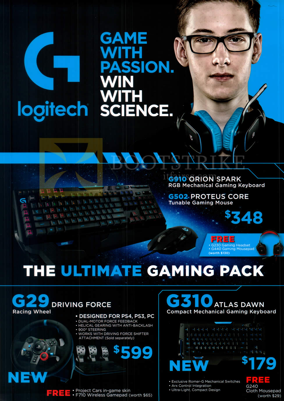 COMEX 2015 price list image brochure of Logitech Gaming Keyboard, Mouse, Racing Wheel, G910, G502, G29, G310