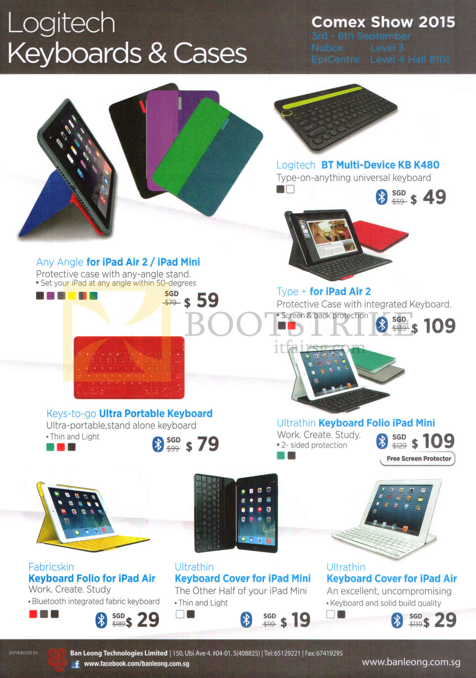 COMEX 2015 price list image brochure of Logitech Keyboards, Cases, Any Angle, Logitech BT KB K480, Type Plus, Keys-to-go, Ultrathin, FabricSkin